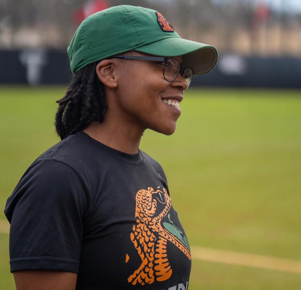 Florida A&M head coach Camise Patterson looks on ahead of the Rattlers' softball game against the Indiana Hoosiers during the Troy Tournament on Friday, February 16, 2024.