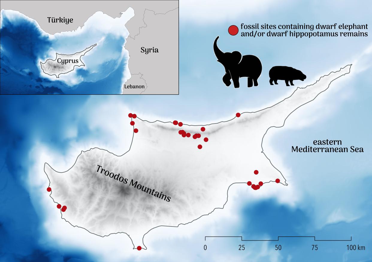 A map of Cyprus showing the approximate position of fossil sites where dwarf elephants and hippos have been retrieved