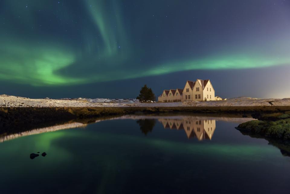 Aurora borealis in the sky near Reykjavik, Iceland.