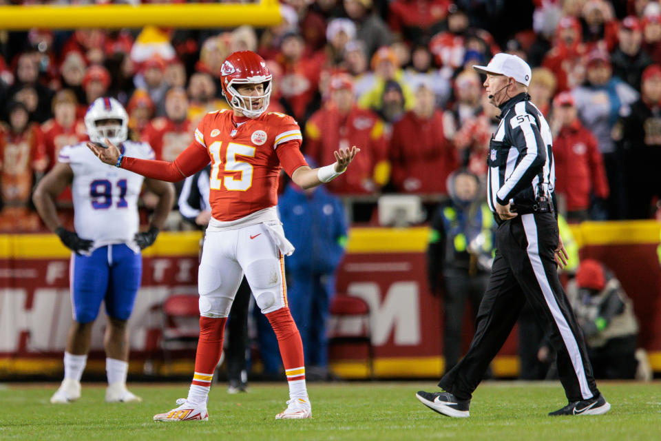 KANSAS CITY, MO - DECEMBER 10: Kansas City Chiefs quarterback Patrick Mahomes (15) reacts after a call during the second half against the Buffalo Bills on December 10th at Arrowhead Stadium in Kansas City, Missouri. (Photo by William Purnell/Icon Sportswire via Getty Images)