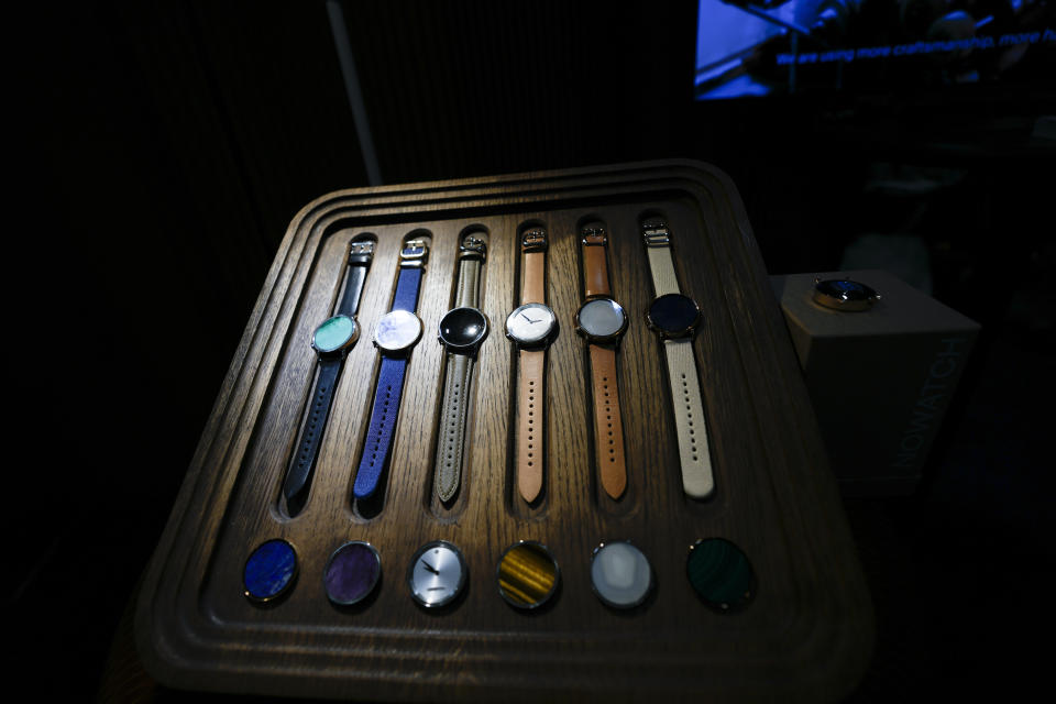 NOWATCH smart watches are displayed during CES Unveiled before the start of the CES tech show Sunday, Jan. 7, 2024, in Las Vegas. NOWATCH smart watches are designed to help users manage stress. (AP Photo/Ryan Sun)