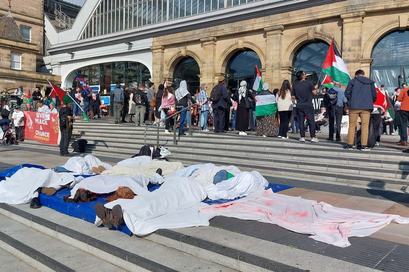 "Die-in" at the free Palestine protest at Liverpool Lime Street Station yesterday, May 7