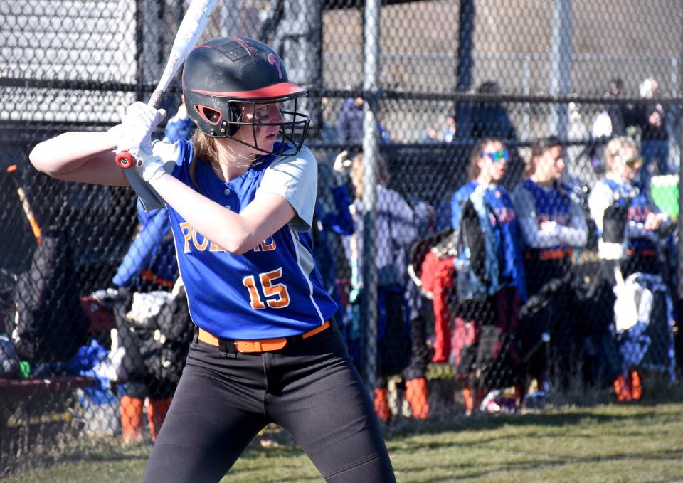 Logan Cookinham, pictured awaiting a pitch with her Poland teammates looking on at Mudville in April, drove in seven runs Saturday and helped the Tornadoes beat Hamilton to earn a return trip to Section III's Class D softball final.