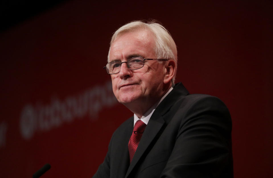 Shadow Chancellor John McDonnell addressing delegates on the third day of the Labour Party annual conference at the Brighton Centre in Brighton. Picture dated: Monday September 23, 2019. Photo credit should read: Isabel Infantes / EMPICS Entertainment.