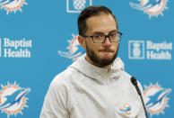 Miami Dolphins head coach Mike McDaniel speaks to the media before practice at Baptist Health Training Complex in Hard Rock Stadium on Wednesday, Dec. 28, 2022, in Miami Gardens, Fla. Dolphins quarterback Tua Tagovailoa sustained his second concussion of the season in last week’s loss to Green Bay, Miami coach McDaniel confirmed Wednesday. (David Santiago/Miami Herald via AP)