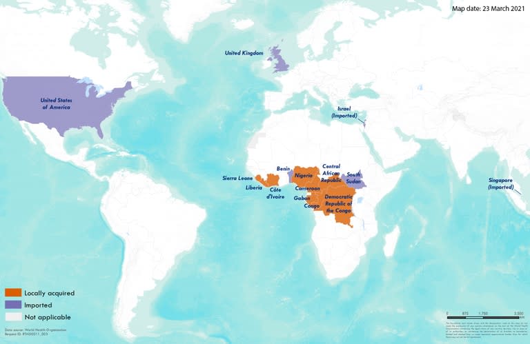 Países que habían registrado casos de viruela del mono hasta 2021.