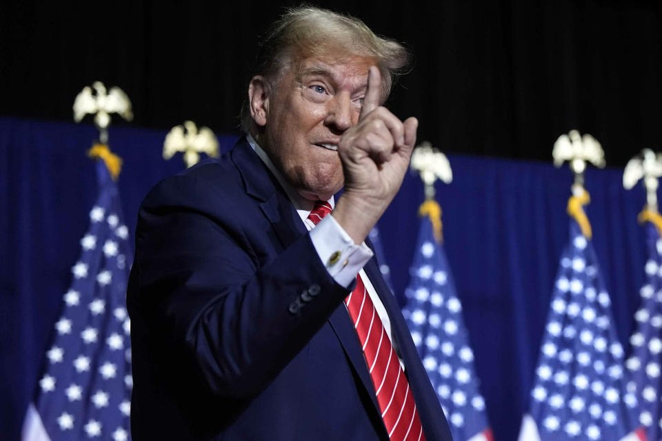 Republican presidential candidate former President Donald Trump arrives at a campaign rally Saturday, March 9, 2024, in Rome Ga. (AP Photo/Mike Stewart)