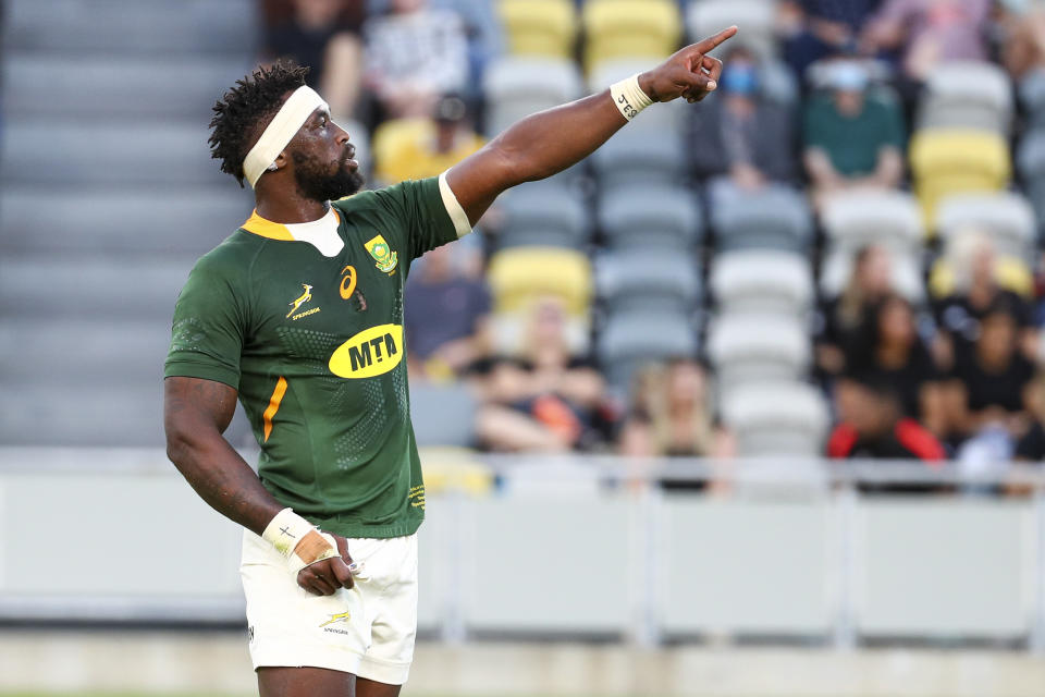 South Africa's Siya Kolisi gestures during the Rugby Championship test match between the Springboks and the All Blacks in Townsville, Australia, Saturday, Sept. 25, 2021. (AP Photo/Tertius Pickard)