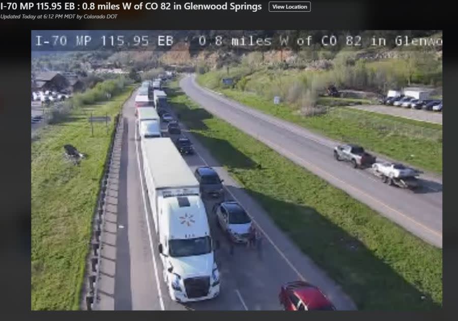 Eastbound Interstate 70 is closed Saturday evening after a trailer was separated from a semi-truck, prompting a hazmat response. (Colorado Department of Transportation)