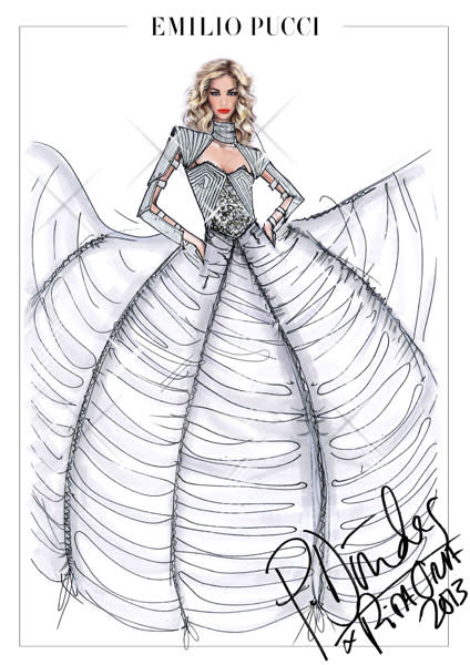<b>Rita Ora's Emilio Pucci Radioactive tour wardrobe design sketches </b><br><br>Peter Dundas designed a futuristic style gown with oversized skirt and silver sleeves.<br><br>© Emilio Pucci