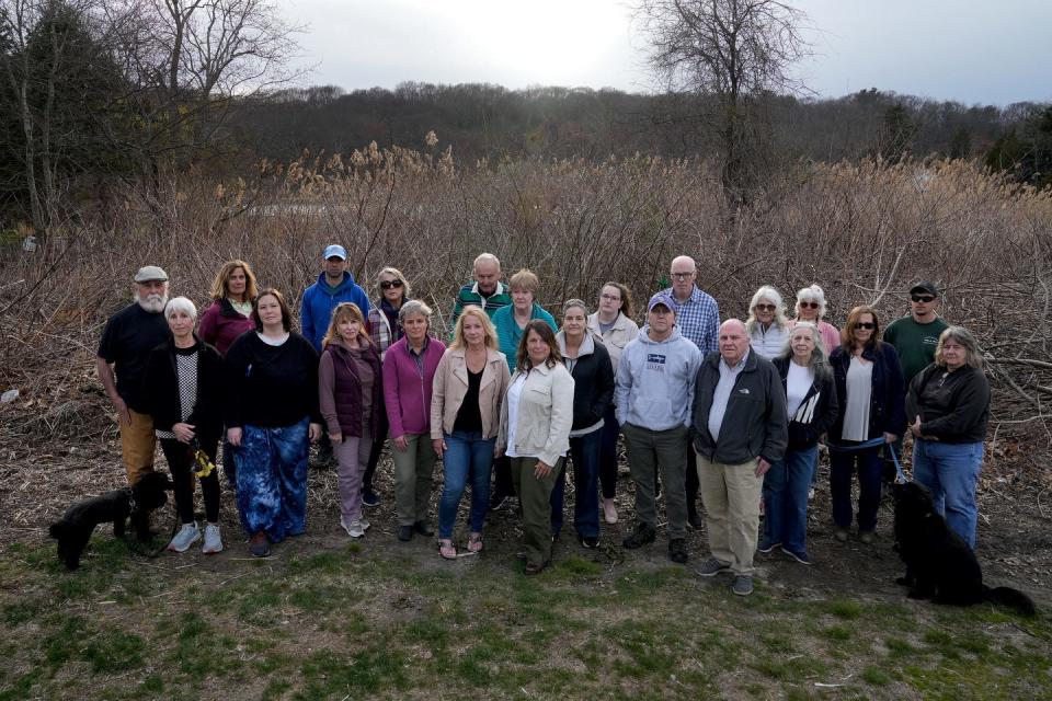 Neighbors stand in front of a small waterfront lot on Wilson Drive in Narragansett, mostly wetlands, on which the owner had sought to build a house on 13-foot pilings.