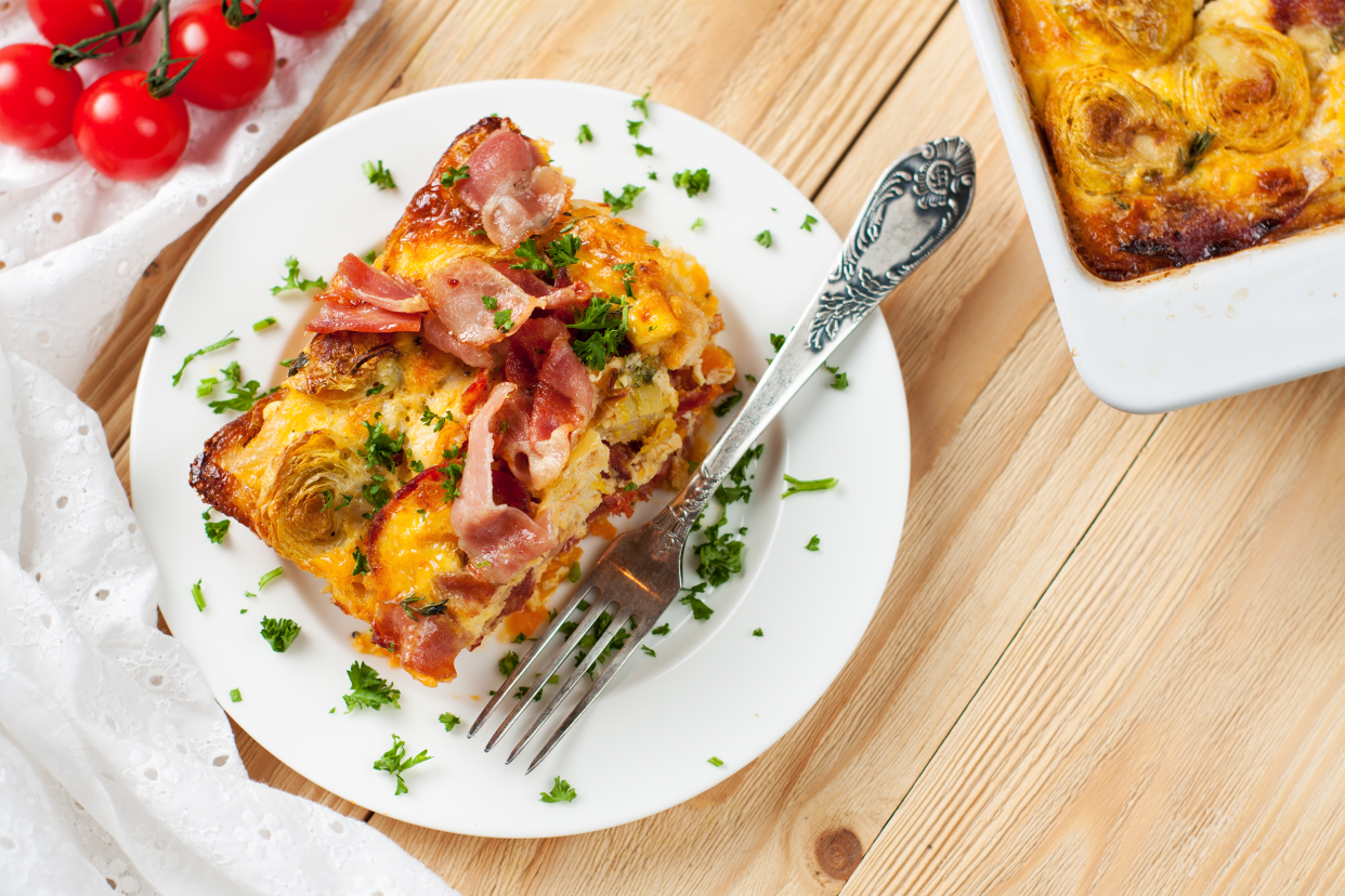 Casserole with sweet potatoes, brussel sprouts, bacon