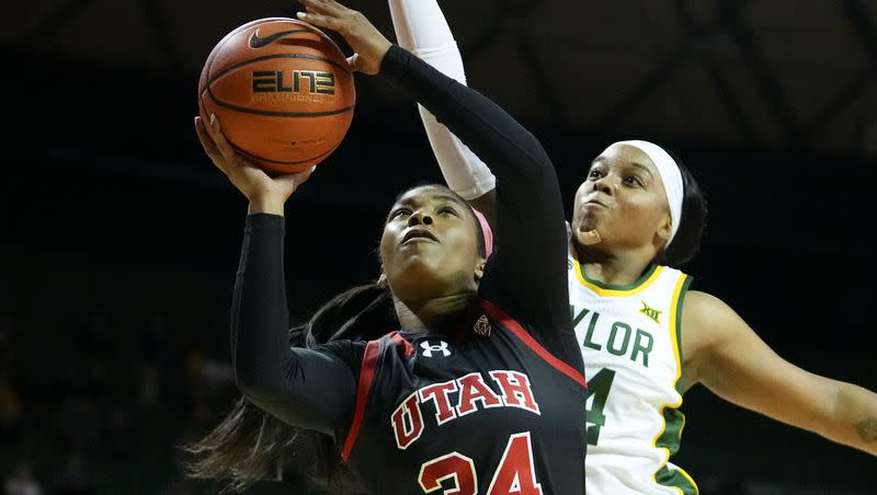 Utah’s Dasia Young (34) goes up for a shot against Baylor’s Sarah Andrews during the first half of an NCAA college basketball game, Tuesday, Nov. 14, 2023, in Waco, Texas. 