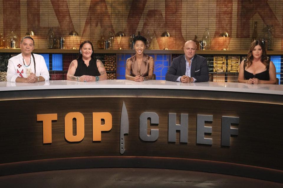 Indigenous chefs and educators Sean Sherman (from left) and Elena Terry joined host Kristen Kish and judges Tom Colicchio and Gail Simmons at the judges' table on Episode 9 of "Top Chef: Wisconsin."