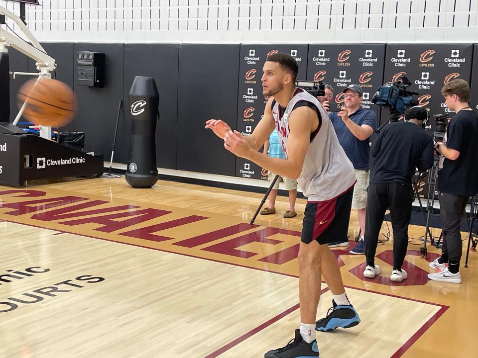 Revere High School graduate Pete Nance gets ready for a pass at after a summer league practice Saturday with the Cleveland Cavaliers.