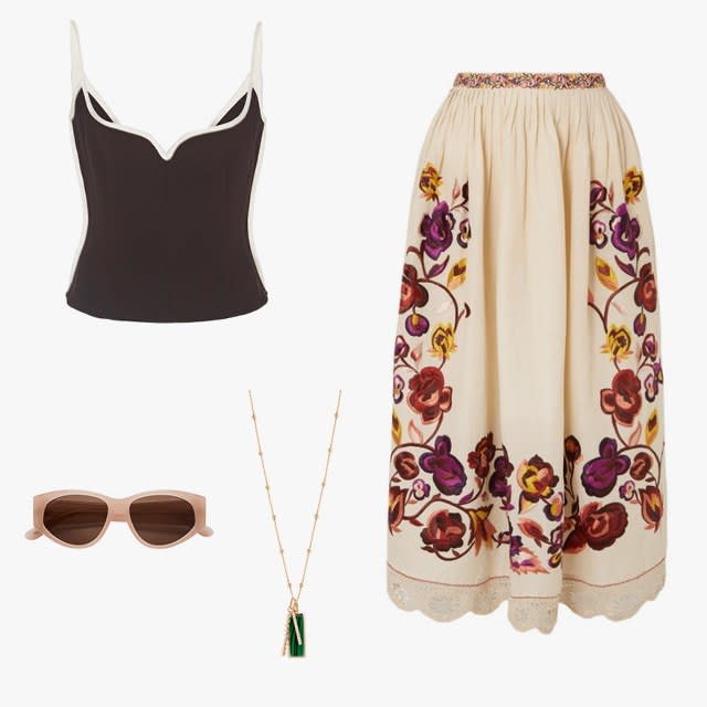 Paris Georgia heart singlet tank top, $360, modaoperandi.com; Ulla Johnson Yana embroidered linen and cotton-blend midi skirt, $179, net-a-porter.com; Féroce Claudine sunglasses, $110, feroceeyewear.com; Wempe pendant malachite, price upon request, for information: wempe.com