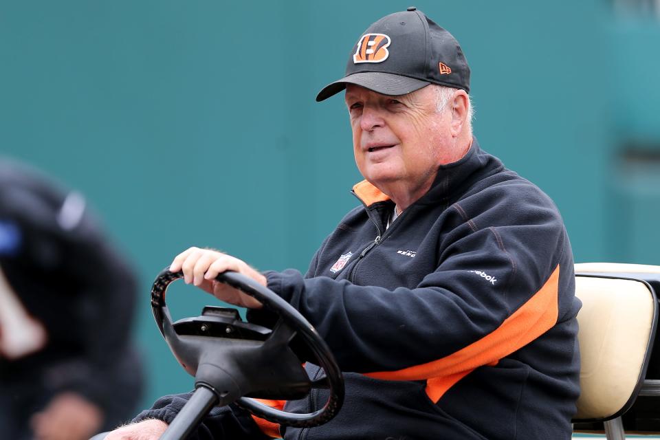 Cincinnati Bengals President Mike Brown drives on the field during Cincinnati Bengals minicamp practice, Thursday, June 13, 2019, at Paul Brown Stadium in Cincinnati. 