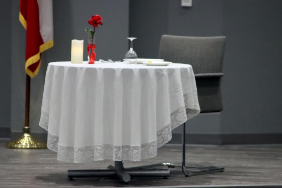 The traditional Empty Table was set on the stage to honor MIA/POW veterans during the annual Pantex Armed Forces Day ceremony Tuesday morning.