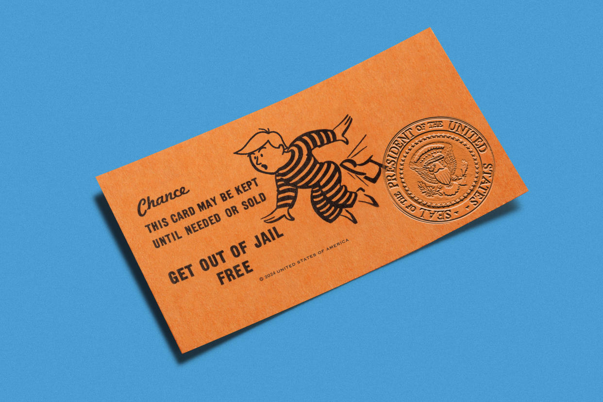 A photo illustration shows a get-out-of-jail-free card similar to the one in the Monopoly board game but with the presidential seal stamped on it.