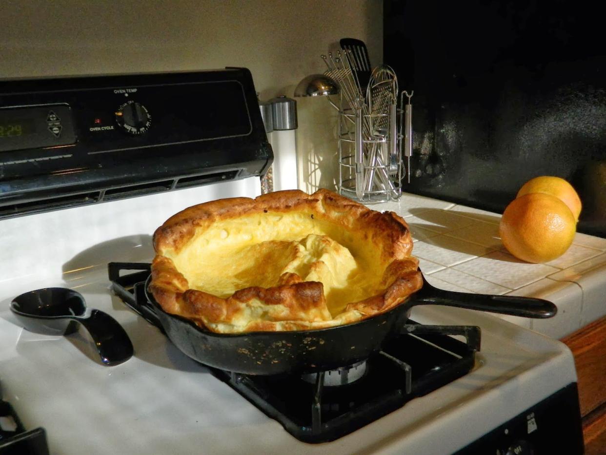 A fresh Dutch baby pancake out of the oven