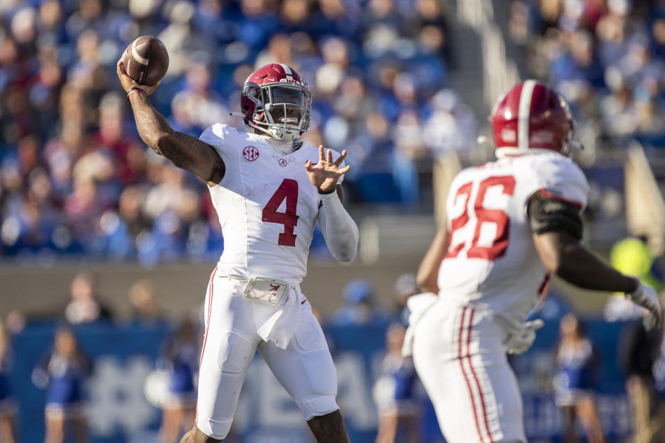 Alabama quarterback Jalen Milroe (4) throws a pass during the second half of an NCAA college football game against Kentucky in Lexington, Ky., Saturday, Nov. 11, 2023. (AP Photo/Michelle Haas Hutchins)