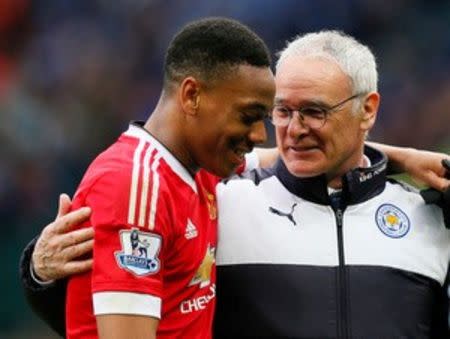 Britain Football Soccer - Manchester United v Leicester City - Barclays Premier League - Old Trafford - 1/5/16 Leicester City manager Claudio Ranieri and Manchester United's Anthony Martial at the end of the match Action Images via Reuters / Jason Cairnduff Livepic