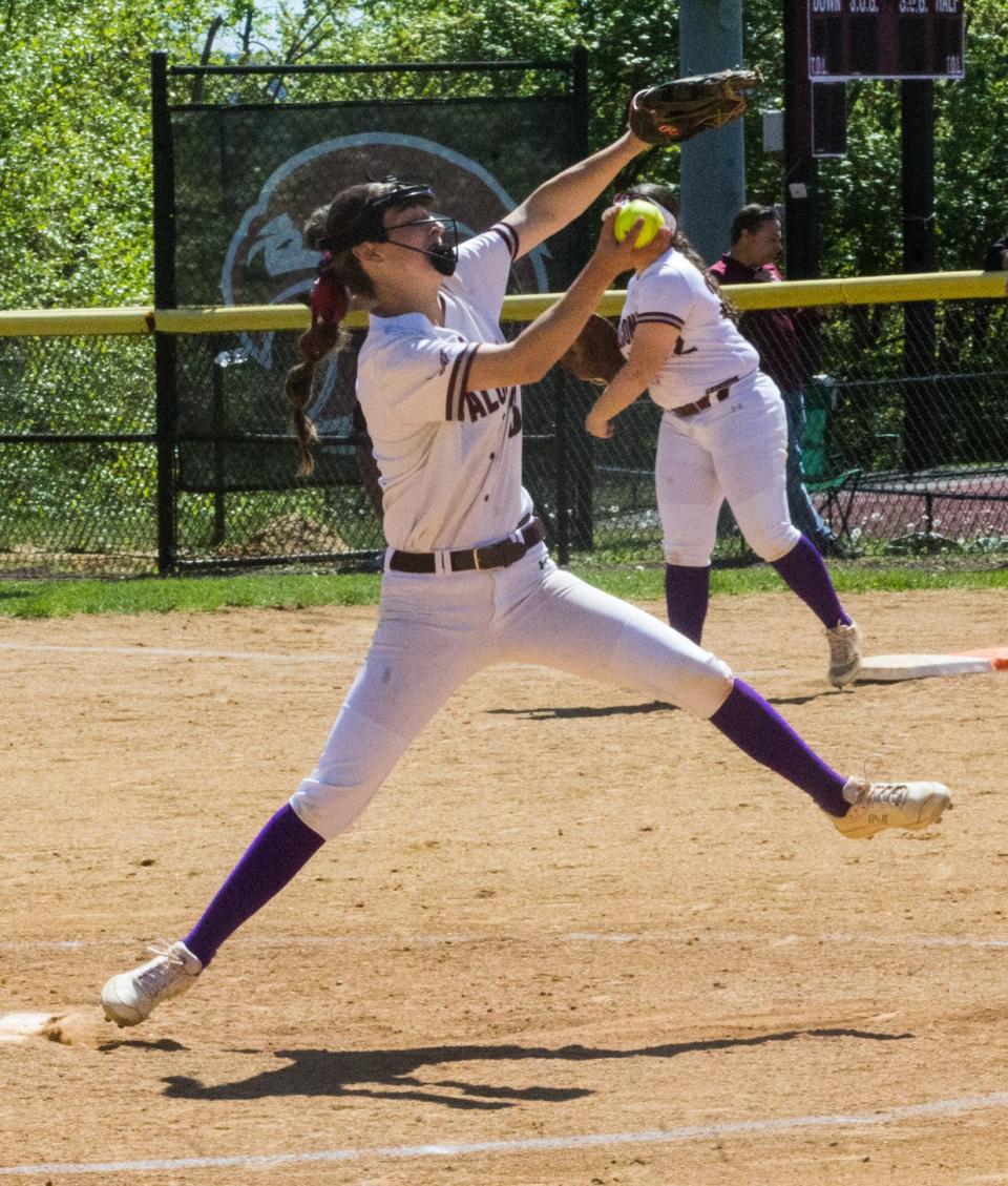 Albertus Magnus' Teagan Dwyer winds up for a pitch during the Nyack Red and Black Tournament finals on Sunday, May 7, 2023.