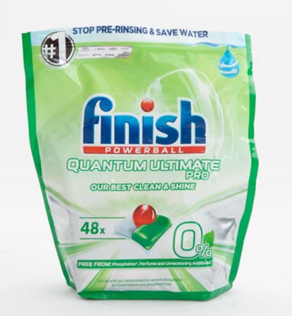 Another Finish product sharing the runner-up place, the 0% tabs are pricier than the Aldi winner but will still leave your dishes sparkly clean.