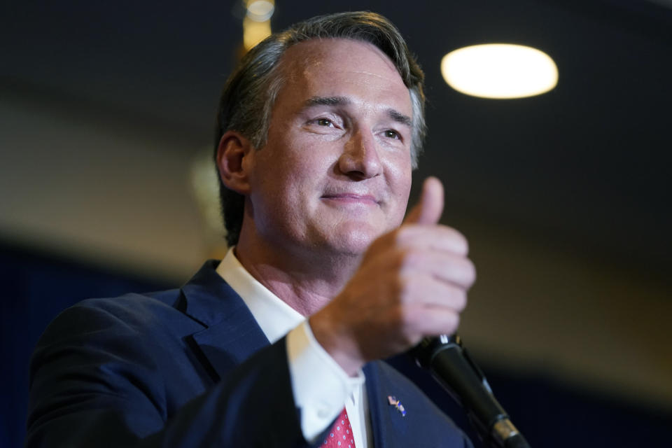 Virginia Gov.-elect Glenn Youngkin speaks at an election night party in Chantilly, Va., early Wednesday, Nov. 3, 2021, after he defeated Democrat Terry McAuliffe. (AP Photo/Andrew Harnik)