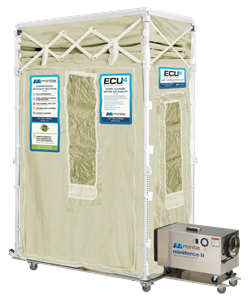 Environmental Containment Unit (ECU)4 paired with a negative air machine to create a negative air pressure airlock to help stop the spread of infectious airborne aerosols