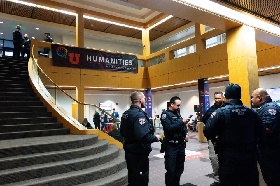 Officers from the University of Utah Police prepare for an event put on by student group Young Americans for Freedom featuring Chloe Cole at the University of Utah in Salt Lake City on Thursday, Nov. 30, 2023. Cole previously identified as transgender and received medical interventions but has since “detransitioned” to the gender she was assigned at birth. | Megan Nielsen, Deseret News