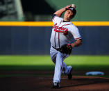 Kris Medlen of the Atlanta Braves pitches in the first inning against the St. Louis Cardinals during the National League Wild Card playoff game at Turner Field on October 5, 2012 in Atlanta, Georgia. (Photo by Scott Cunningham/Getty Images)