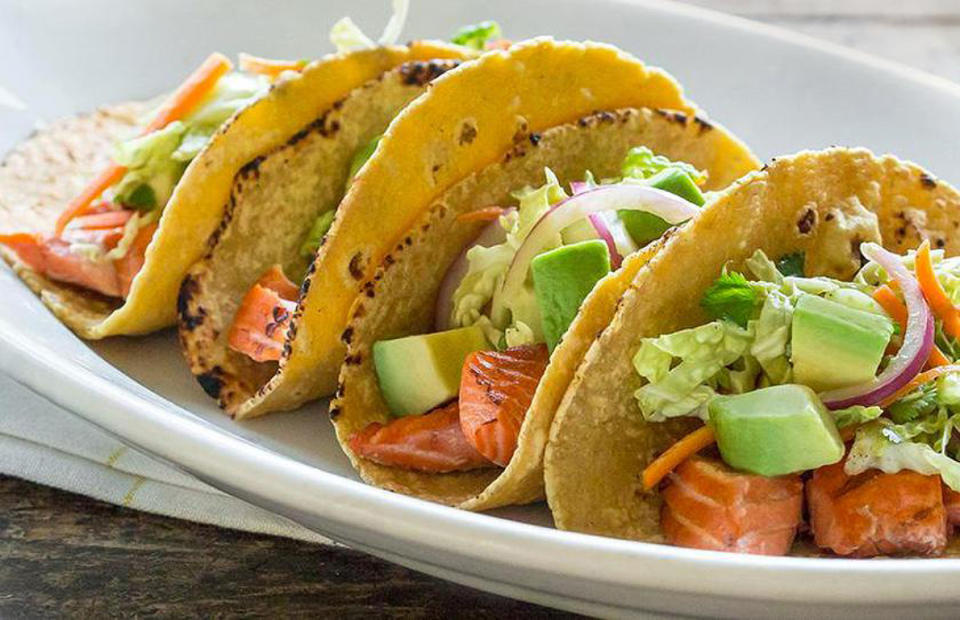 Grilled Salmon Tacos With Avocado Cabbage Carrot Slaw