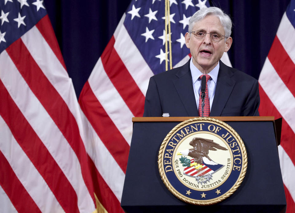 Attorney General Merrick Garland speaks at the Justice Department in Washington, on Tuesday, June 15, 2021. (Win McNamee/Pool via AP)