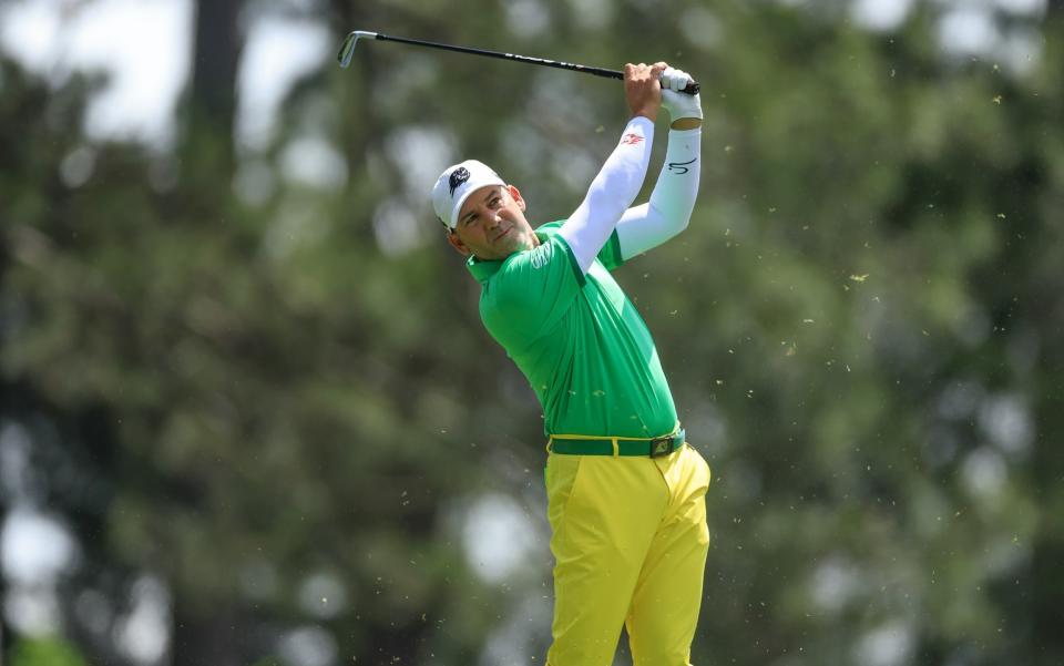 Sergio Garcia tees off on the fourth hole