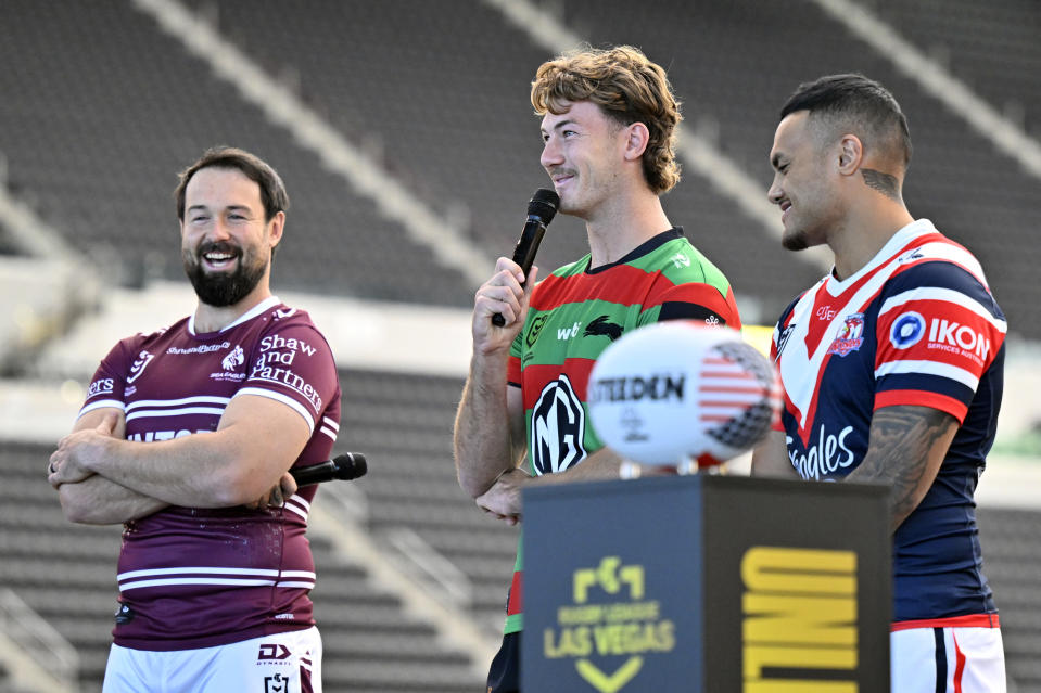 LAS VEGAS, NEVADA - DECEMBER 12: (L-R) National Rugby League players Aaron Woods, Campbell Graham and Spencer Leniu attend the National Rugby League – Vegas Promo Tour at Allegiant Stadium on December 12, 2023 in Las Vegas, Nevada. Allegiant Stadium will host 10 NRL matches kicking off with a season-opening double-header next March. (Photo by David Becker/Getty Images for NRL)