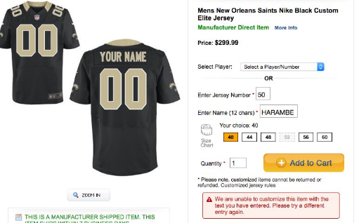 If you wanted that 'Harambe' customized NFL jersey, you're too late