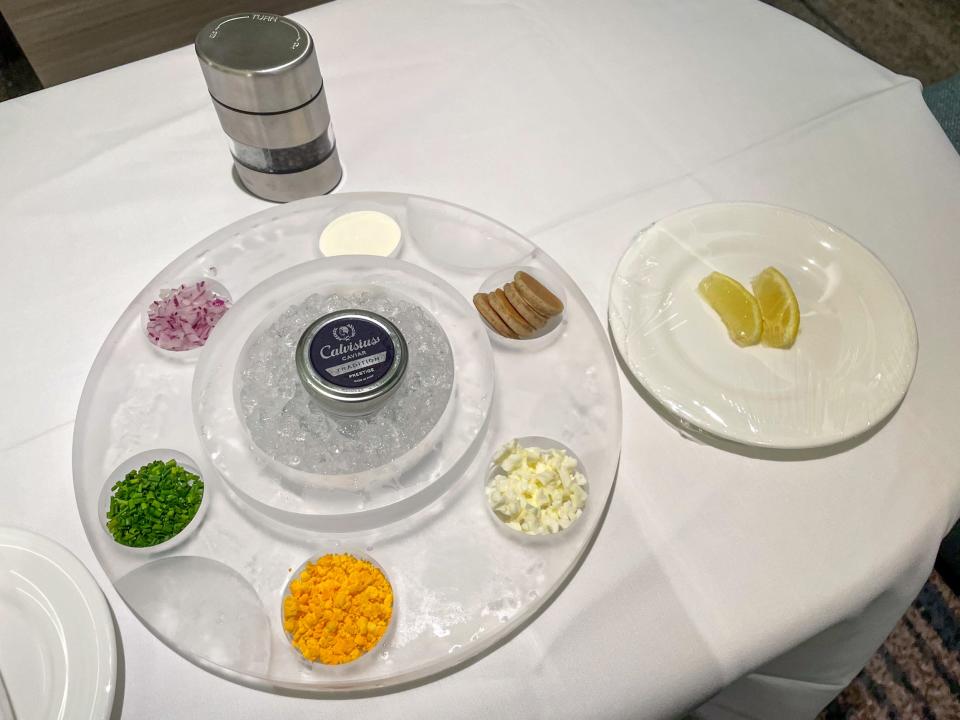 caviar on a table in Silversea's Silver Ray cruise ship