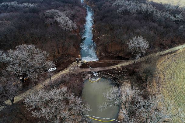 PHOTO: In this photo taken by a drone, cleanup continues in the area where the ruptured Keystone pipeline dumped oil into a creek in Washington County, Kan., on Dec. 9, 2022. (DroneBase via AP, File)