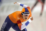 Irene Schouten of the Netherlands skates during the women's 3000 meters World Cup speedskating race at the Utah Olympic Oval Friday, Dec. 3, 2021, in Kearns, Utah. (AP Photo/Rick Bowmer)