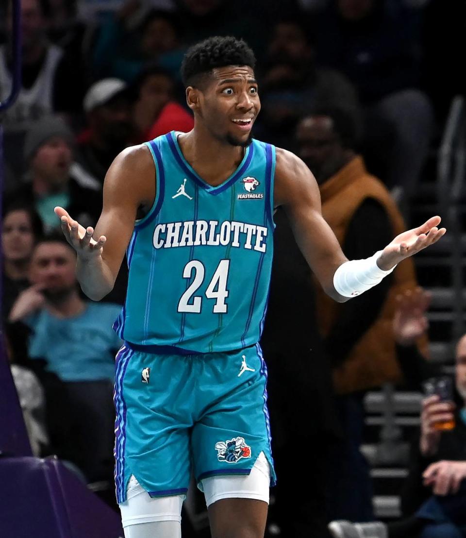 Charlotte Hornets forward/guard Brandon Miller reacts to being called for a foul on an attempted block of a shot by Milwaukee Bucks forward Giannis Antetokounmpo during first half action at Spectrum Center in Charlotte, NC on Thursday, February 29, 2024. JEFF SINER/jsiner@charlotteobserver.com