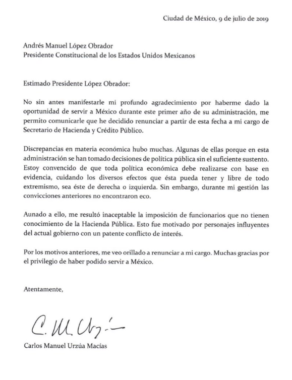 Carta de renuncia de Carlos Urzúa como secretario de Hacienda. Fuente: Cuenta de Twitter de Carlos Urzúa. 