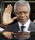 FILE - In this Sunday, May 14, 2006 file photo U.N. Secretary-General Kofi Annan waves as he gets into a car upon his arrival at the Incheon International Airport, west of Seoul, South Korea. Annan, one of the world's most celebrated diplomats and a charismatic symbol of the United Nations who rose through its ranks to become the first black African secretary-general, has died. He was 80. (AP Photo/Ahn Young-joon, File)