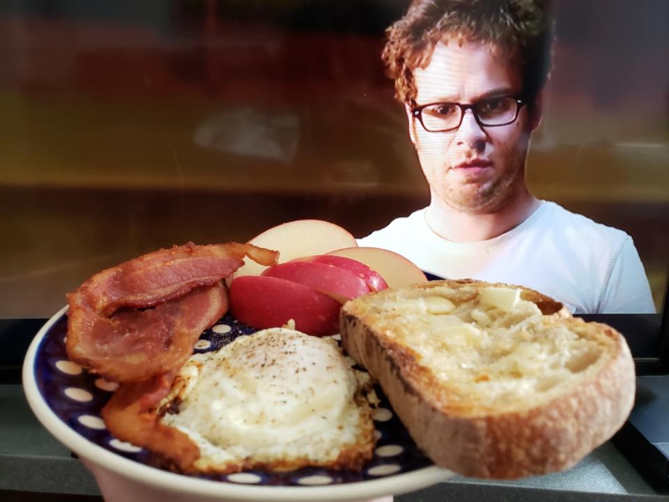 Bacon and eggs and Seth Rogen in "This is the End"