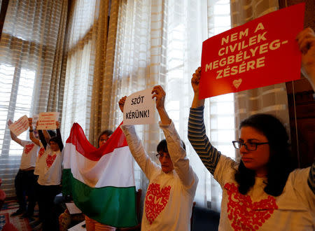 Activists carrying banners and a Hungarian flag protest at a meeting of the Hungarian parliament's justice committee against a bill tightening rules on civil organisations in Budapest, Hungary April 25, 2017. REUTERS/Laszlo Balogh