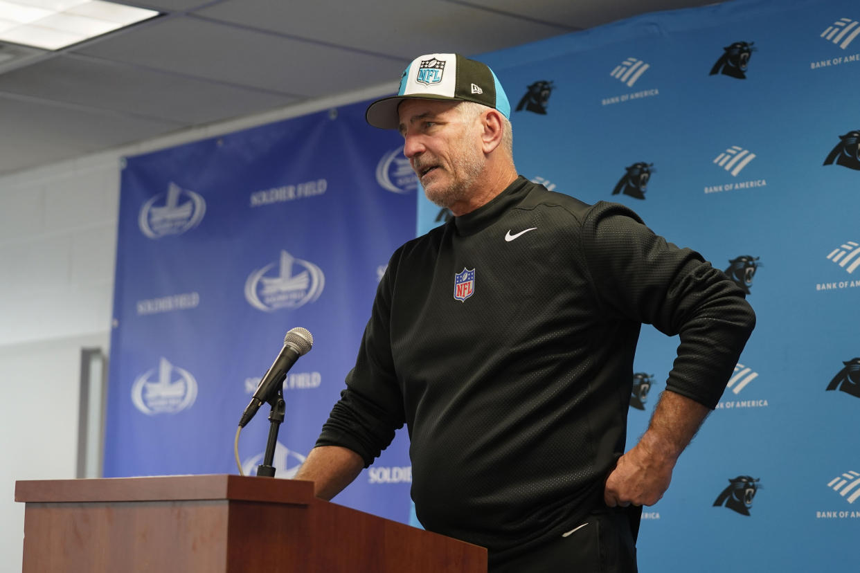 Carolina Panthers head coach Frank Reich speaks during a press conference after his team's loss to the Chicago Bears after an NFL football game Thursday, Nov. 9, 2023, in Chicago. (AP Photo/Erin Hooley)