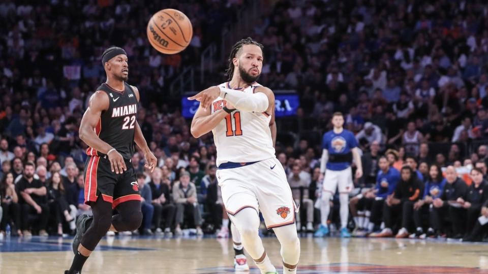 May 10, 2023; New York, New York, USA; New York Knicks guard Jalen Brunson (11) makes a pass during game five of the 2023 NBA playoffs against the Miami Heat at Madison Square Garden.