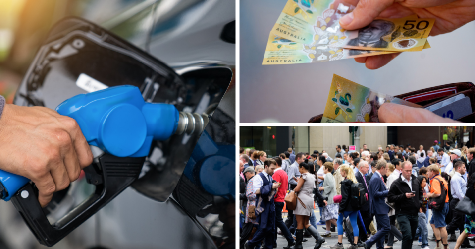 A person fills up their car petrol tank, a person removes $50 notes from their wallet and a group of people crossing the street.