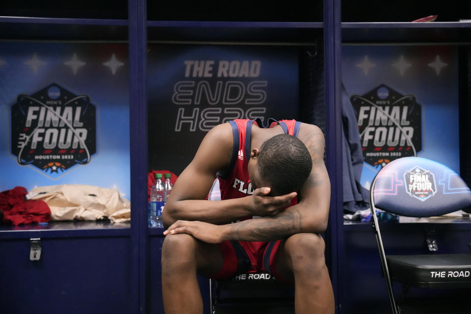 Florida Atlantic guard Johnell Davis reacts to their loss against San Diego State in a Final Four college basketball game in the NCAA Tournament on Saturday, April 1, 2023, in Houston. (AP Photo/David J. Phillip)