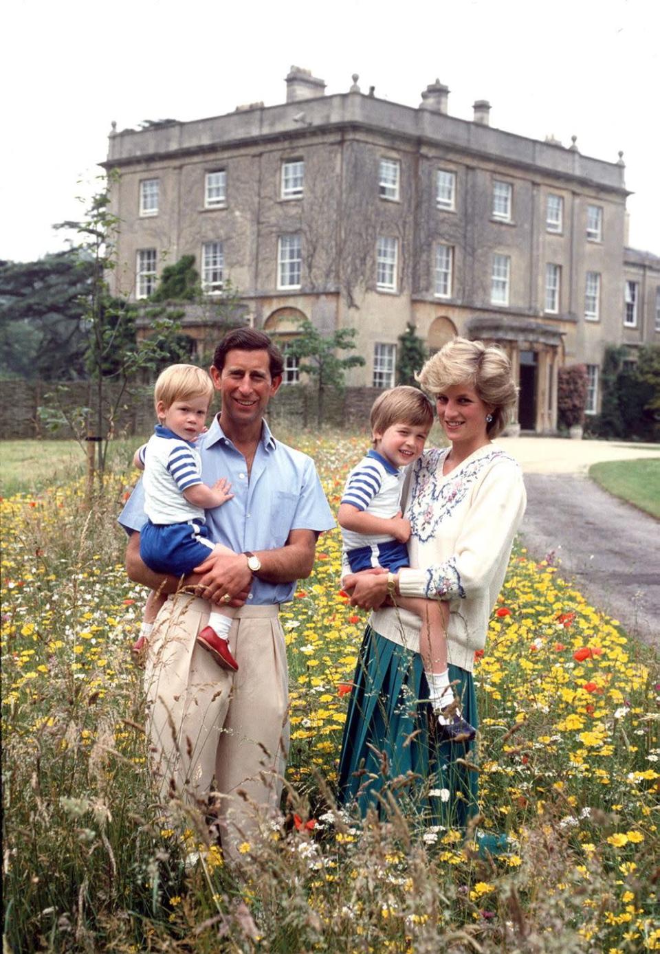 <p>Princess Diana and Prince Charles pose with their sons in the wild flower meadow at Highgrove in 1986. </p>